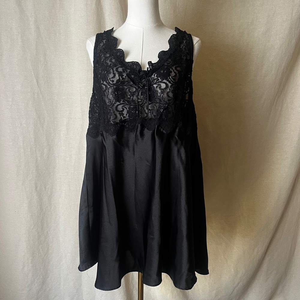 Vintage Sophia by Delicates Black Satin Lace Babydoll Nightgown Lingerie XL